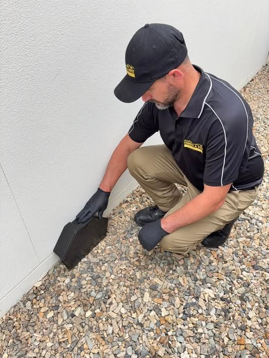 Damien installing a termite bait station beside a Brisbane home