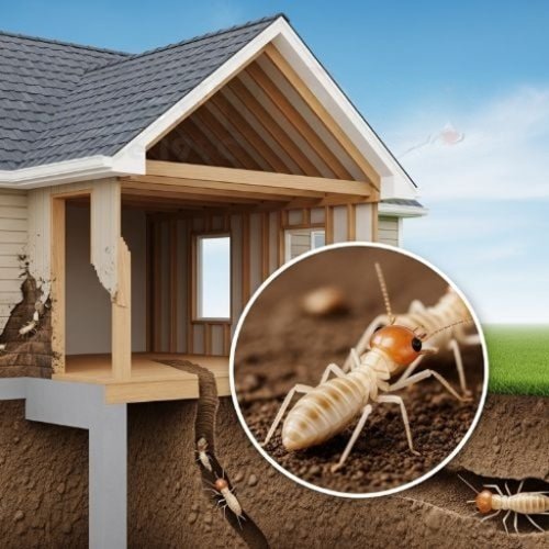 Illustration of termites travelling through soil into a home's timber frame